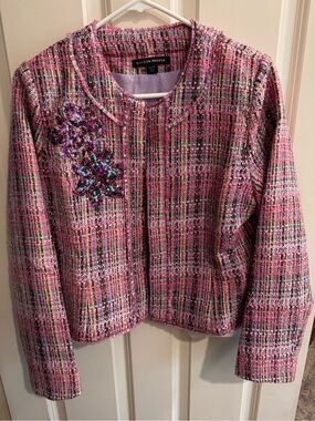 Boston Proper Pink Multicolor Tweed Blazer with Sequin Floral Accent